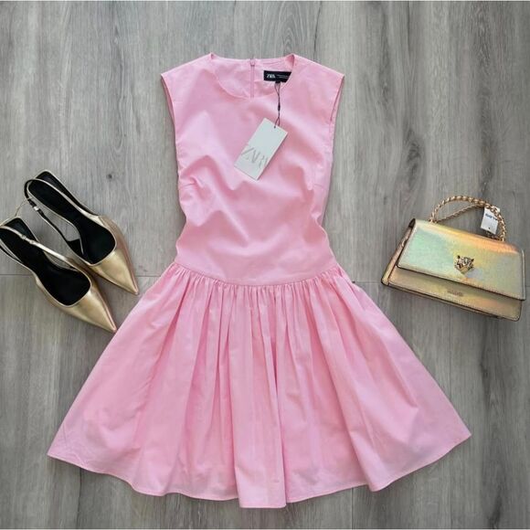 NWT ZARA SHORT gabardine corset voluminous pink dress - Picture 2 of 16